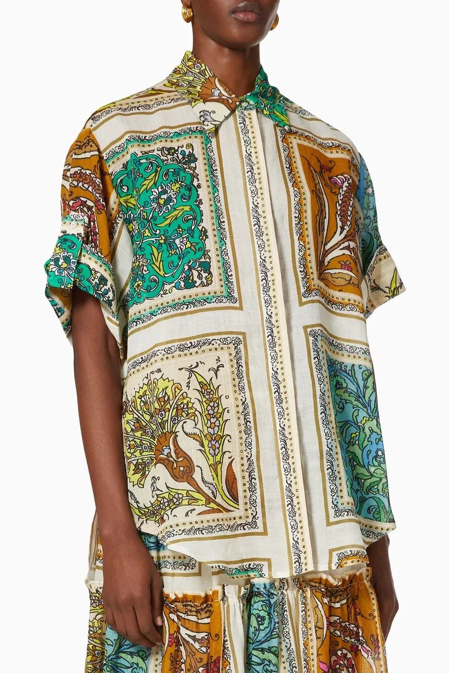 Alemais Delphine Split Hem Button Down Short Sleeve Shirt Ramie Multicolor 10